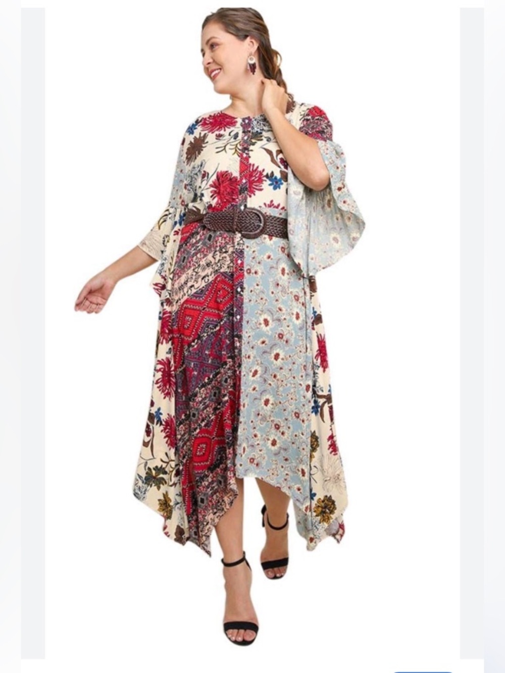 Umgee Patchwork sharkbite-hem Midi Dress in Cream, Red & Light Blue